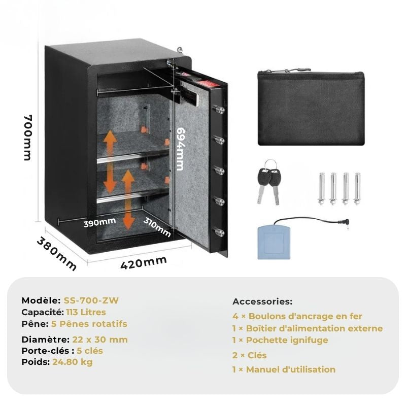 Hestia Safe KRONOS II Bio – Coffre-Fort Biométrique Code & Clé (113L)