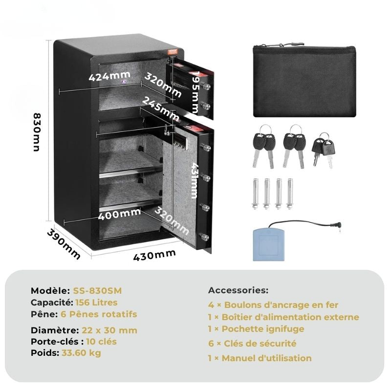 Hestia Safe KRONOS IV – Coffre-Fort Colonne 2 Portes Indépendantes Code & Clé (156L)
